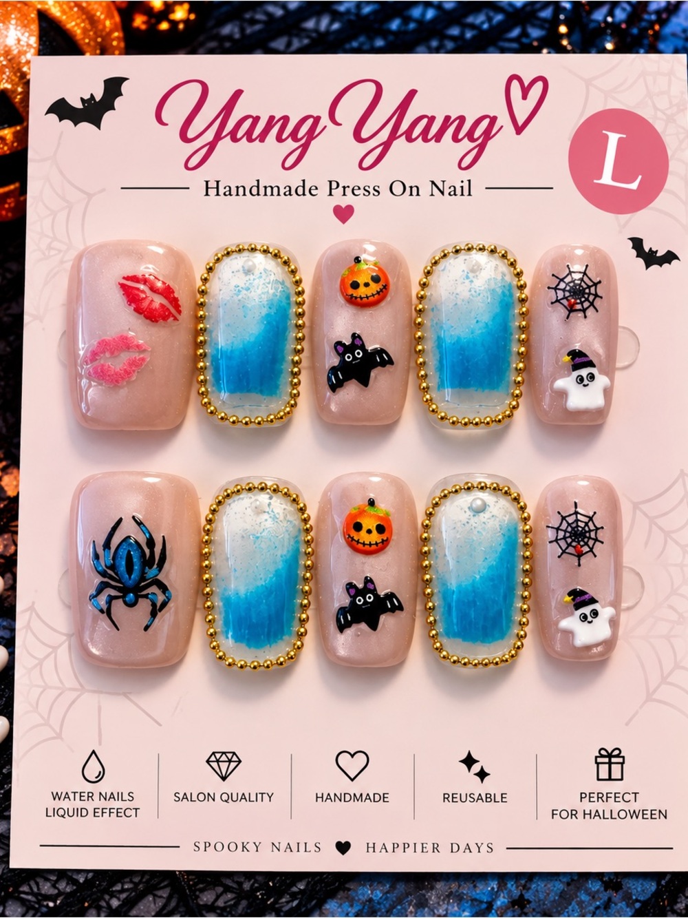 💦 🕷️💙 Halloween Water Effect Press-On Nails – Size Large